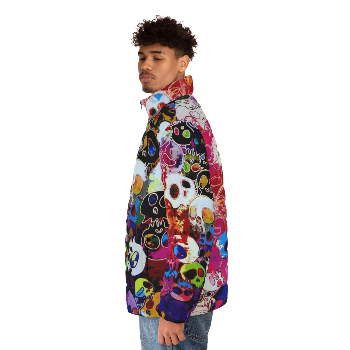 Colorful rainbow skull puffer jacket featuring Takashi Murakami's iconic flower design - men side left