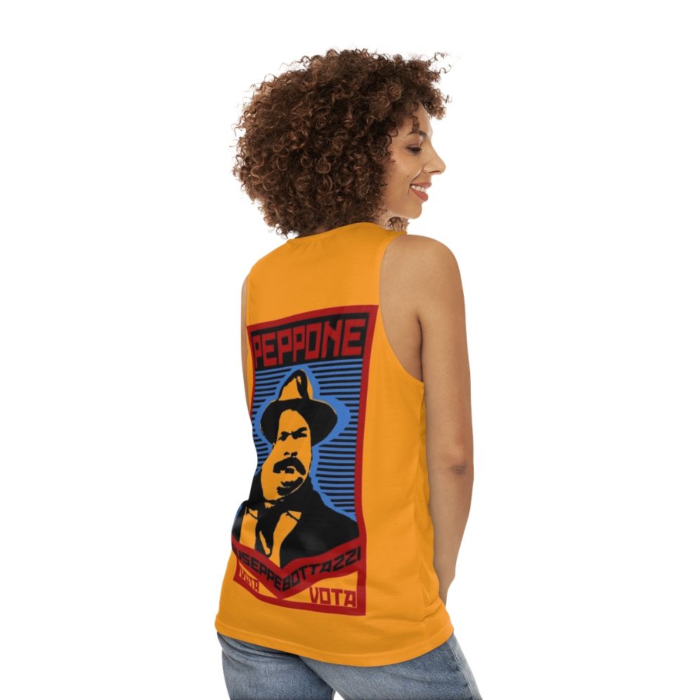 Unisex tank top with "Vota Giuseppe Bottazzi Peppone" Italian comedy quotes - women back