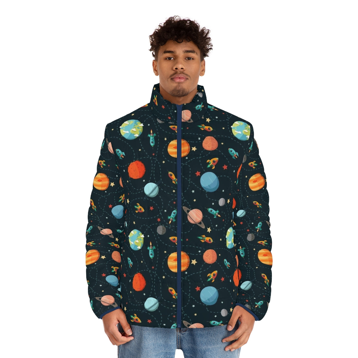 Cute and cozy space-themed puffer jacket for children - men front