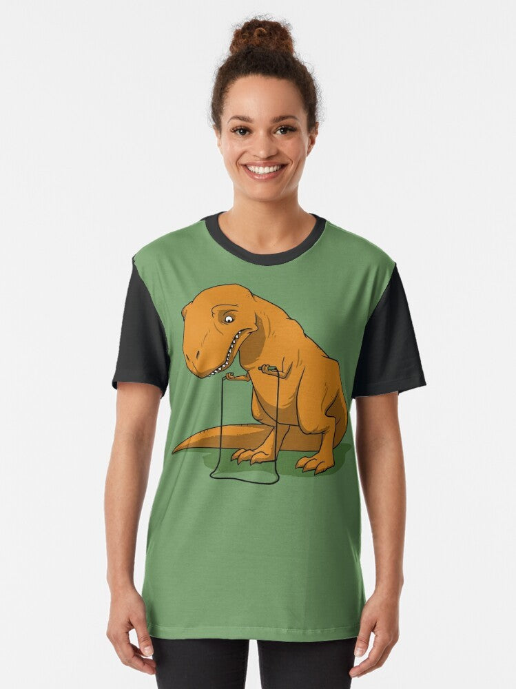 Graphic t-shirt design featuring a T-Rex dinosaur with tiny arms jumping a jump rope. - Women