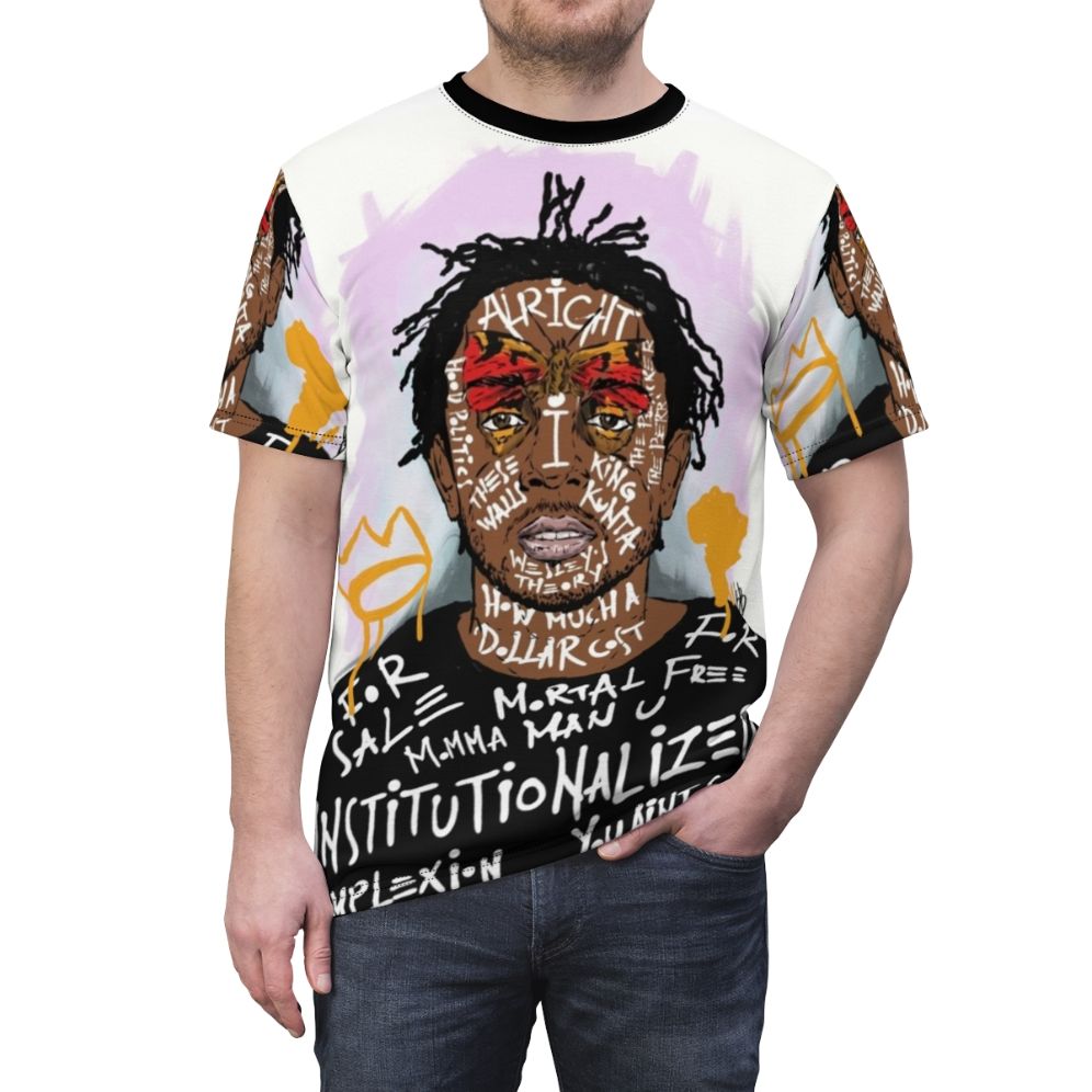 Kendrick Lamar inspired t-shirt featuring fan art and hip-hop music elements - men front