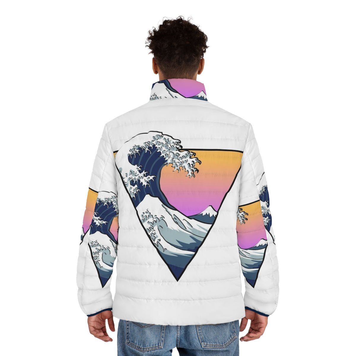 Puffer jacket with Great Wave of Kanagawa design, inspired by Japanese art - men back