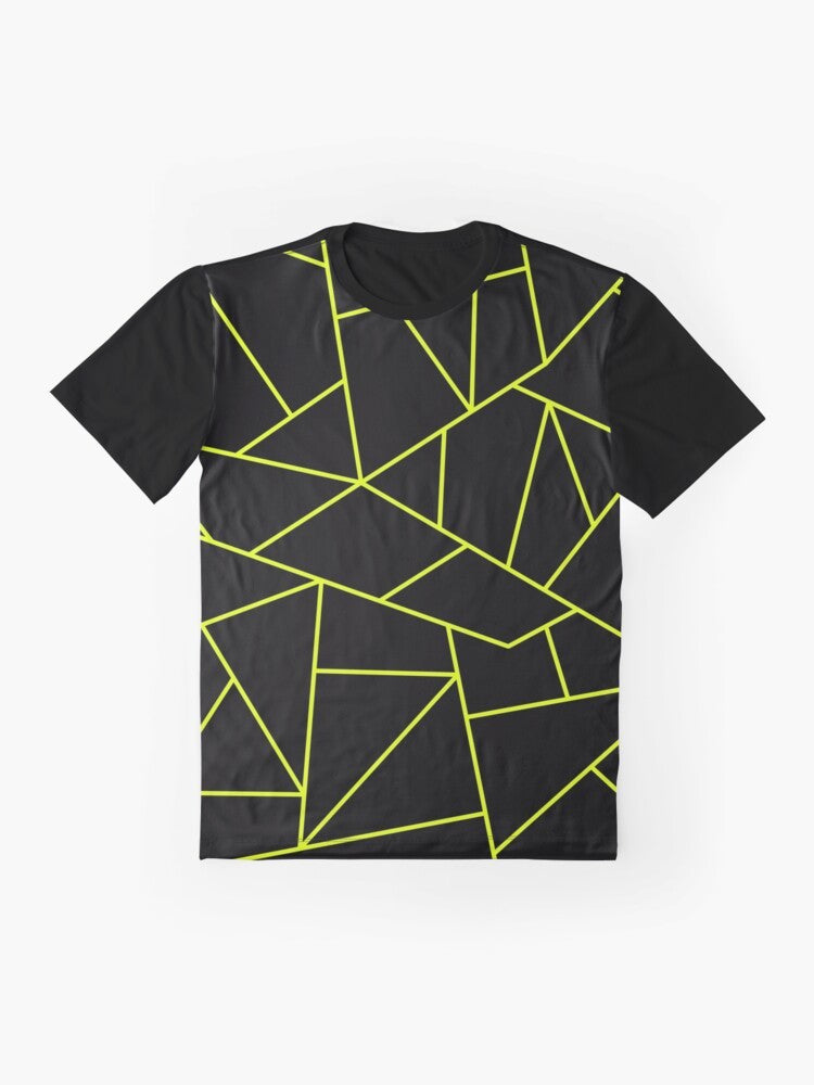 Chartreuse yellow geometric pattern design on a black graphic t-shirt - Flat lay