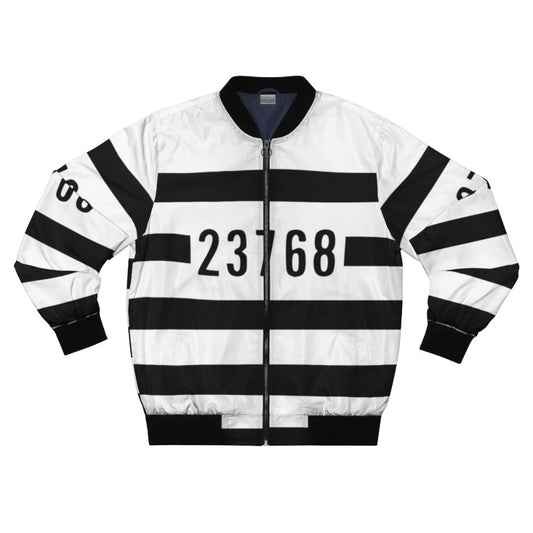 A bomber jacket with a Lego prisoner design, featuring the character The Brickster.