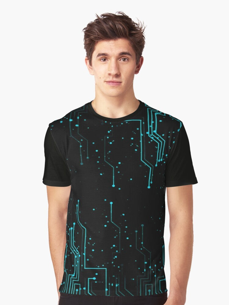 A t-shirt featuring a graphic design of an electronic circuit board, representing engineering and technology. - Men