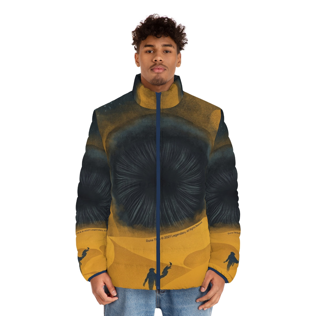 A yellow puffer jacket inspired by the Shai Hulud sand worms from the Dune movie - men front