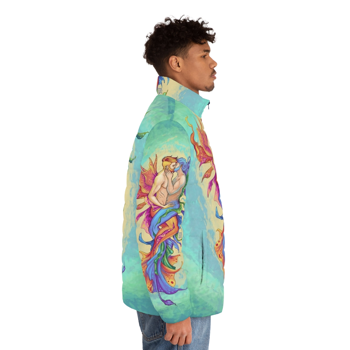 A puffer jacket featuring a romantic underwater kiss between two men, inspired by fantasy and LGBTQ+ pride - men side right