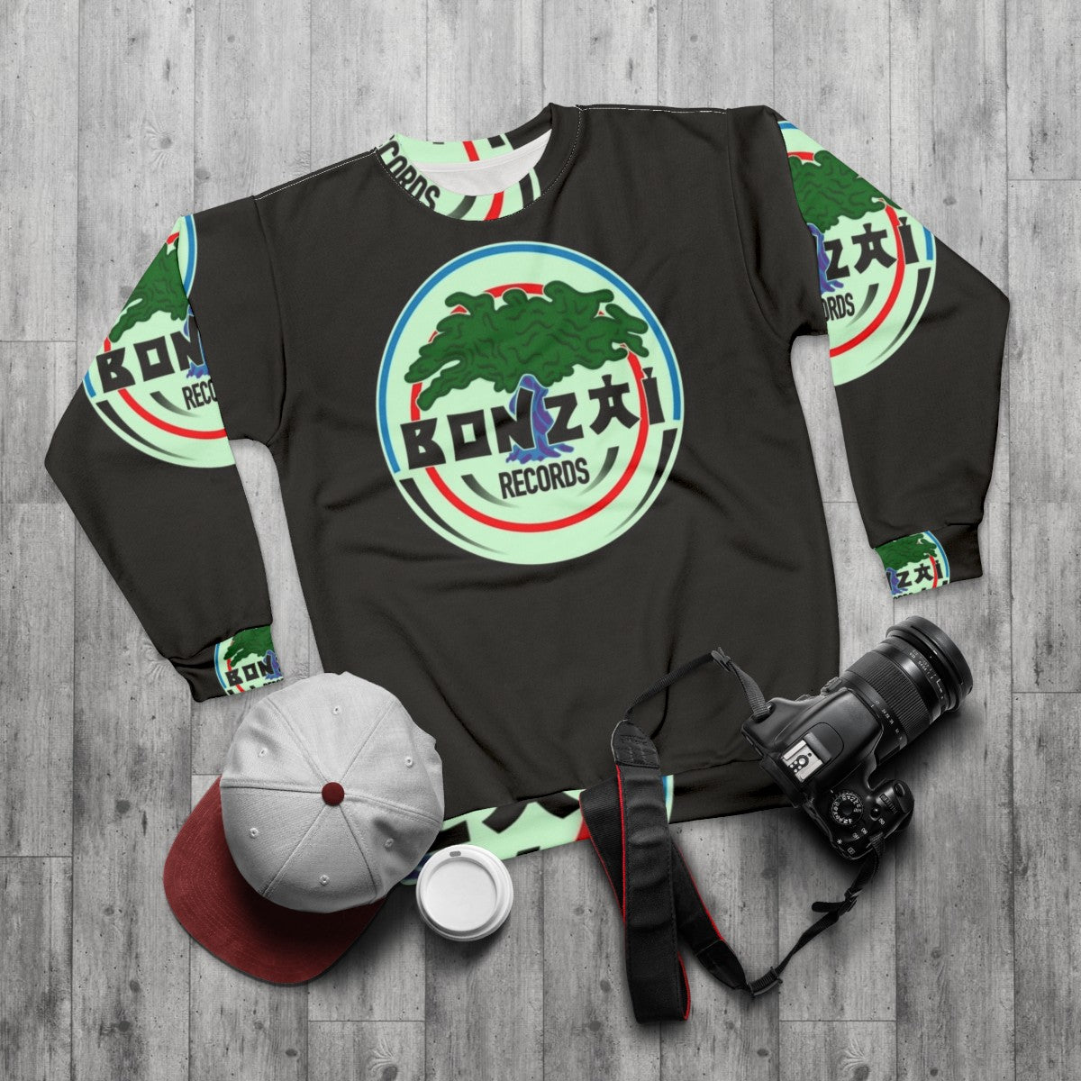 Bonzai Records 90s Hardcore Techno Rave DJ Sweatshirt - flat lay