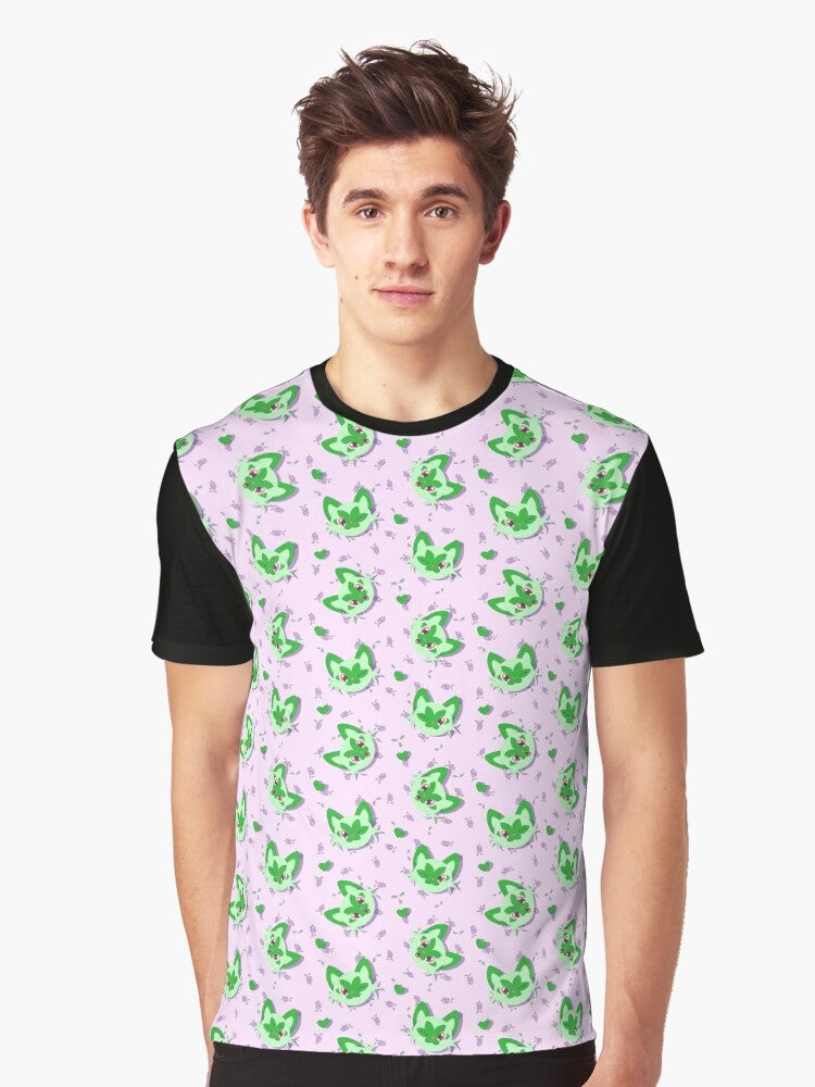 Spriggy pattern graphic t-shirt featuring cute cat and floral design - Men