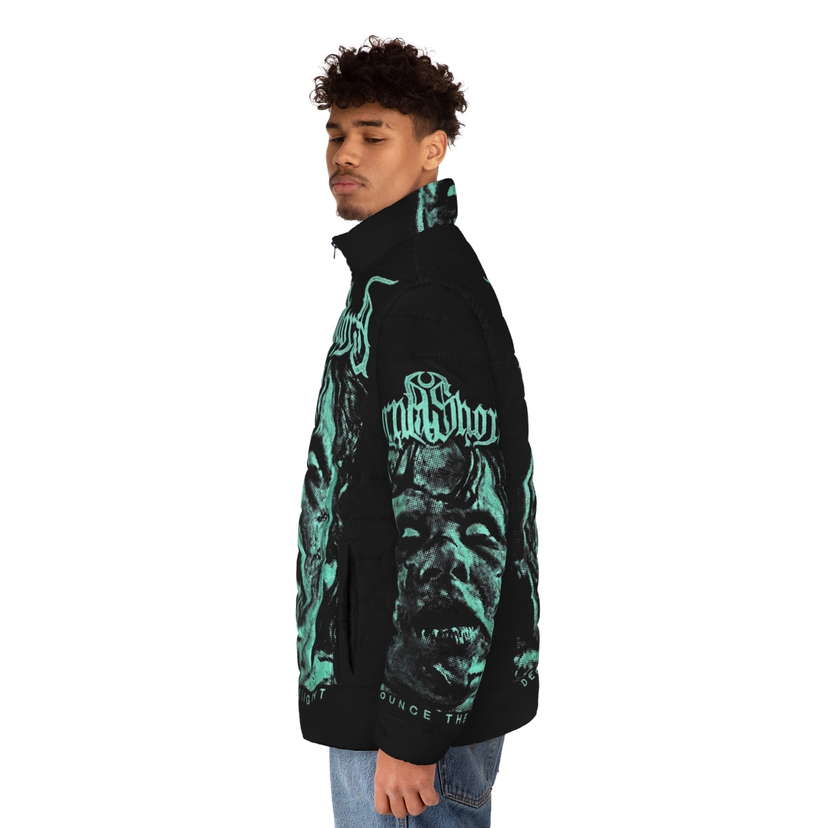 Lorna Shore "Looking At The Sky" Puffer Jacket featuring the band's logo and artwork - men side left