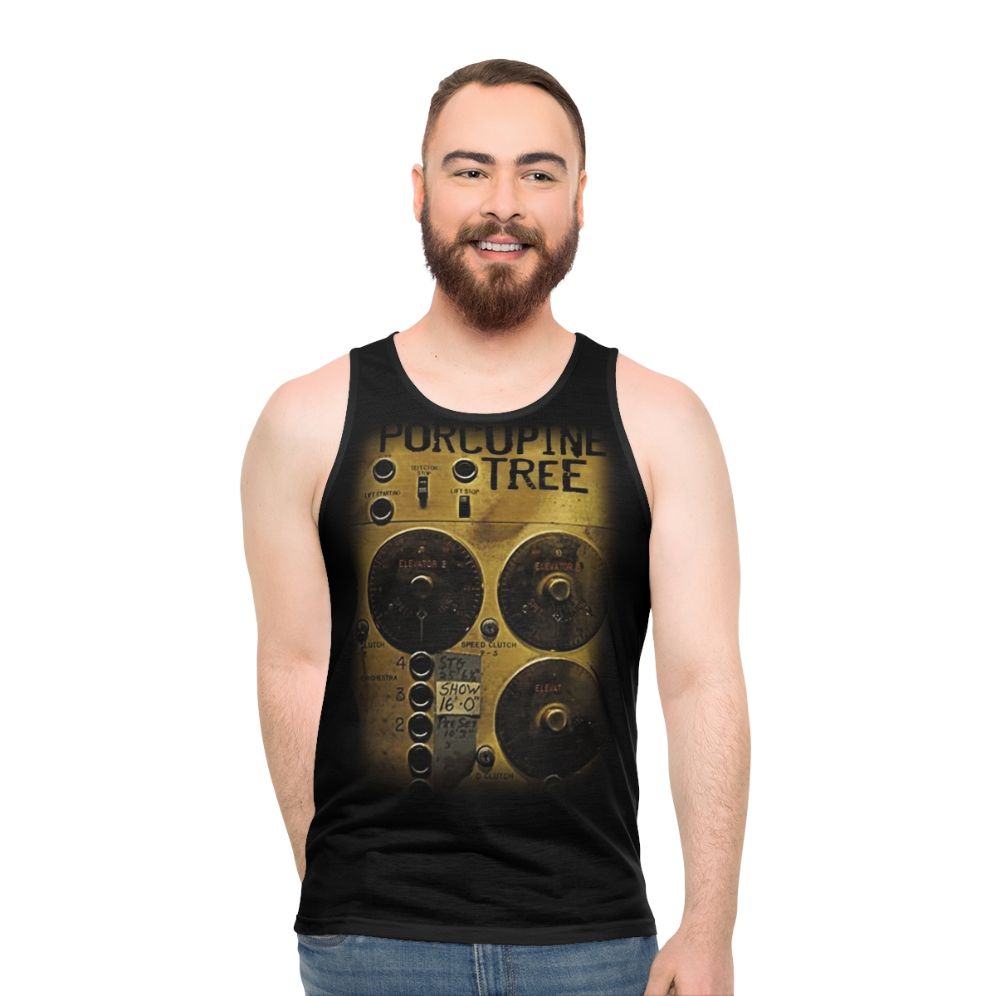 Retro unisex tank top with incidental machinery design - men