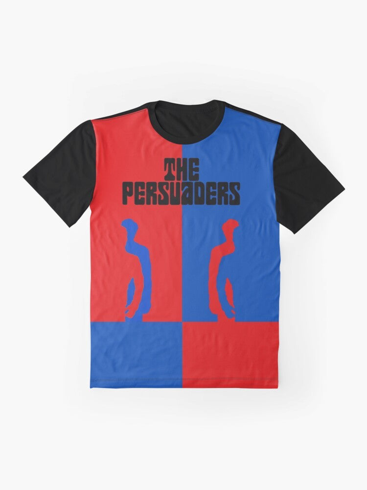 Retro "The Persuaders" 1970s graphic t-shirt design - Flat lay