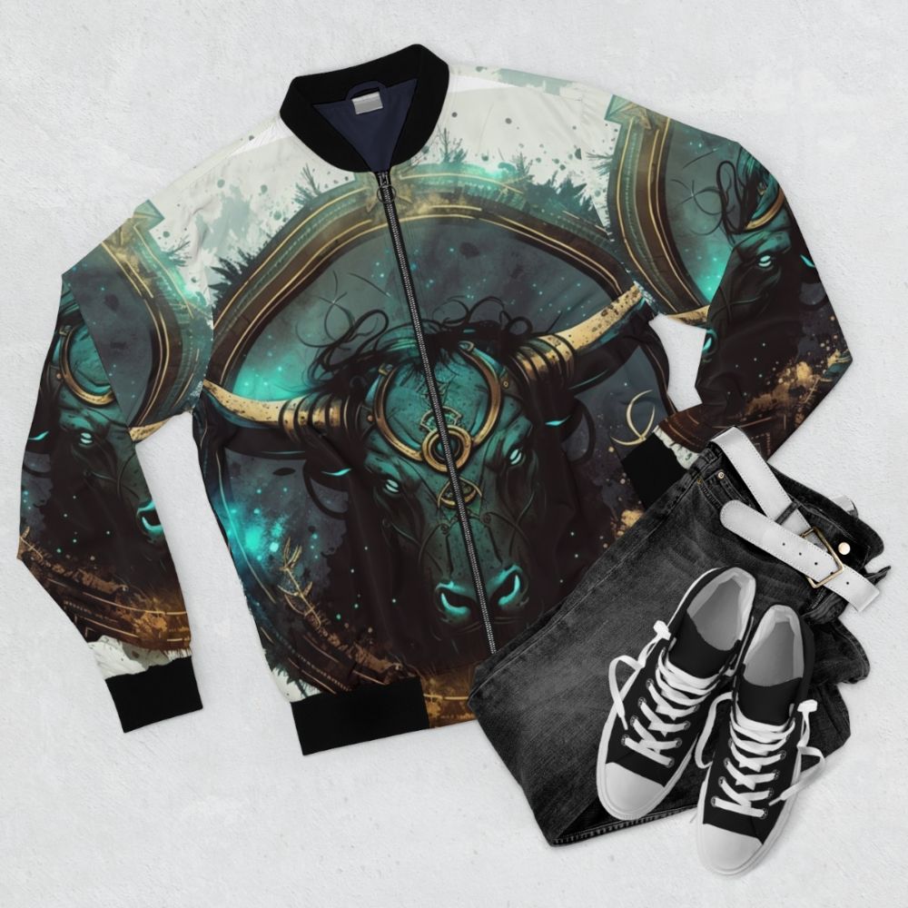 Steampunk Taurus astrology design bomber jacket - Flat lay