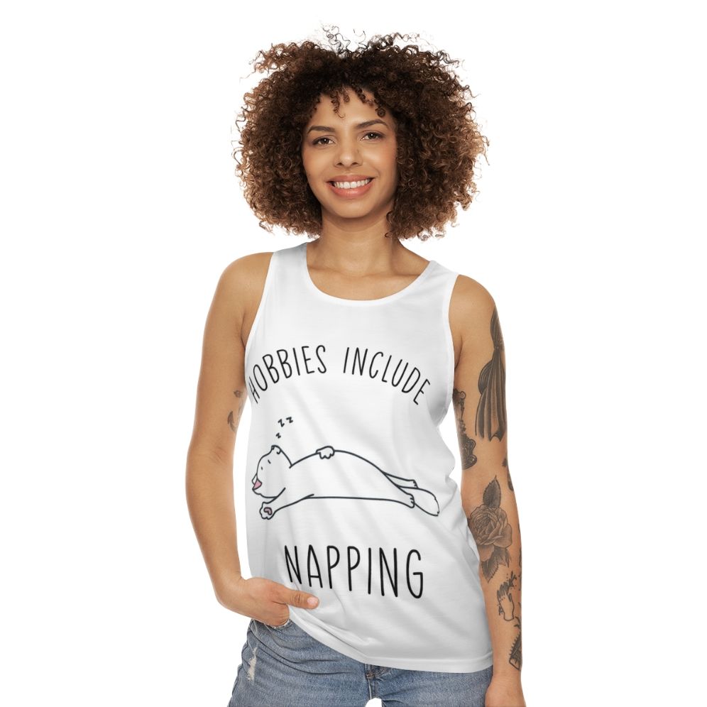 Unisex tank top with "Hobbies Include Napping" design - women