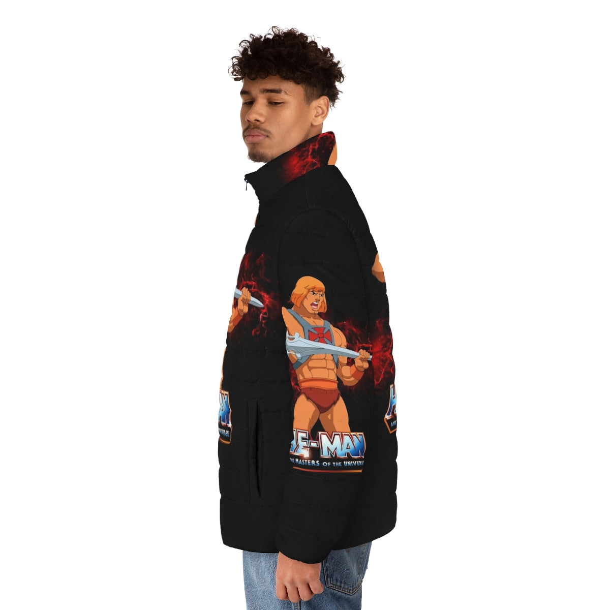 Retro He-Man Masters of the Universe Puffer Jacket with 80s inspired MOTU graphics - men side left