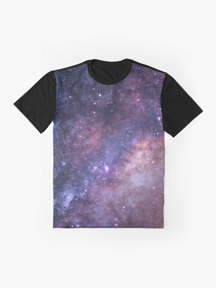 Galaxy Graphic T-Shirt with Purple Stars and Cosmic Design - Flat lay