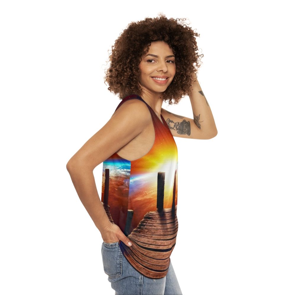 Surreal unisex tank top with digital collage of space and a dog - women side