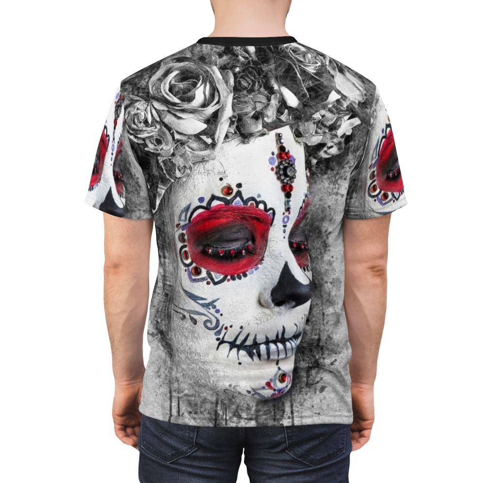 Boho Queen Sugar Skull AOP T-shirt featuring a watercolor floral wreath design - men back