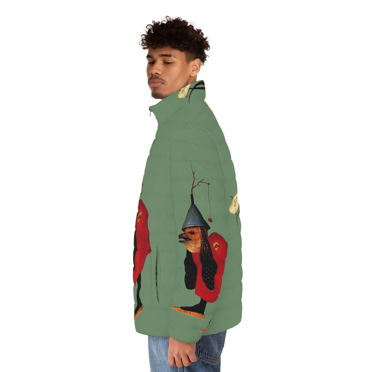 Hieronymus Bosch inspired puffer jacket with bird messenger design - men side left