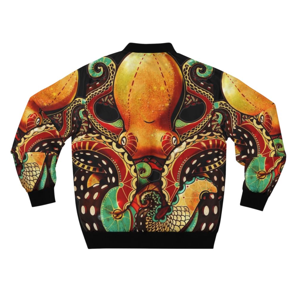 Octopus-themed bomber jacket with abstract, tribal, and tentacle design - Back