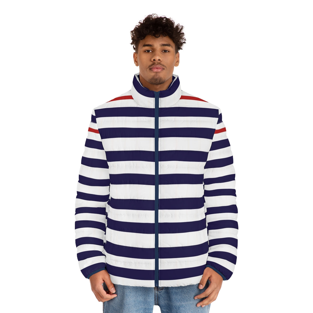 Minimalist Nautical III Blue and White Striped Puffer Jacket - men front