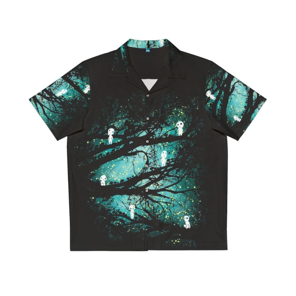 Vibrant Hawaiian shirt featuring whimsical tree spirit designs