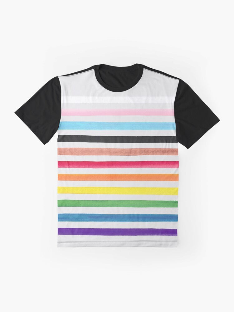 Progress pride flag graphic t-shirt with inclusive LGBTQ+ and social justice colors and symbols - Flat lay