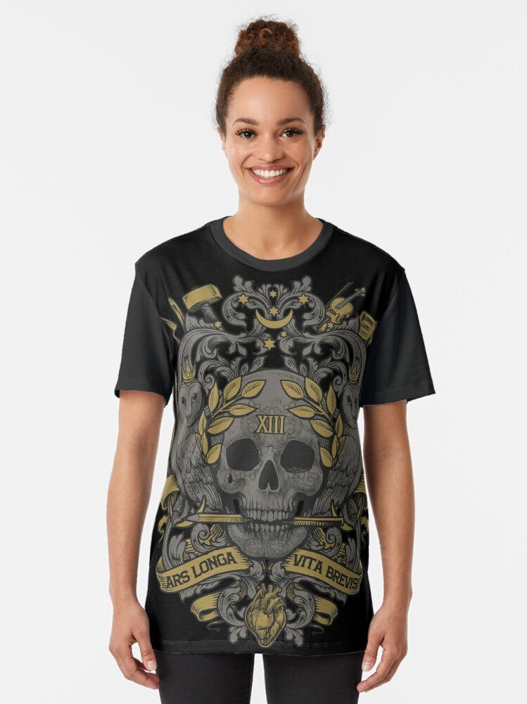 Ars Longa, Vita Brevis Graphic T-Shirt with Artists Blazon, Heraldry, and Hipocrates Quote - Women