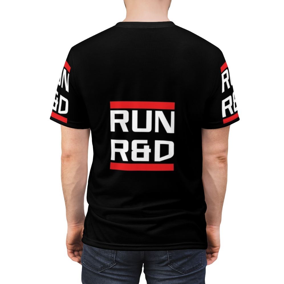 Cyberpunk-inspired Netrunner "Run R&D" graphic t-shirt for gaming enthusiasts - men back