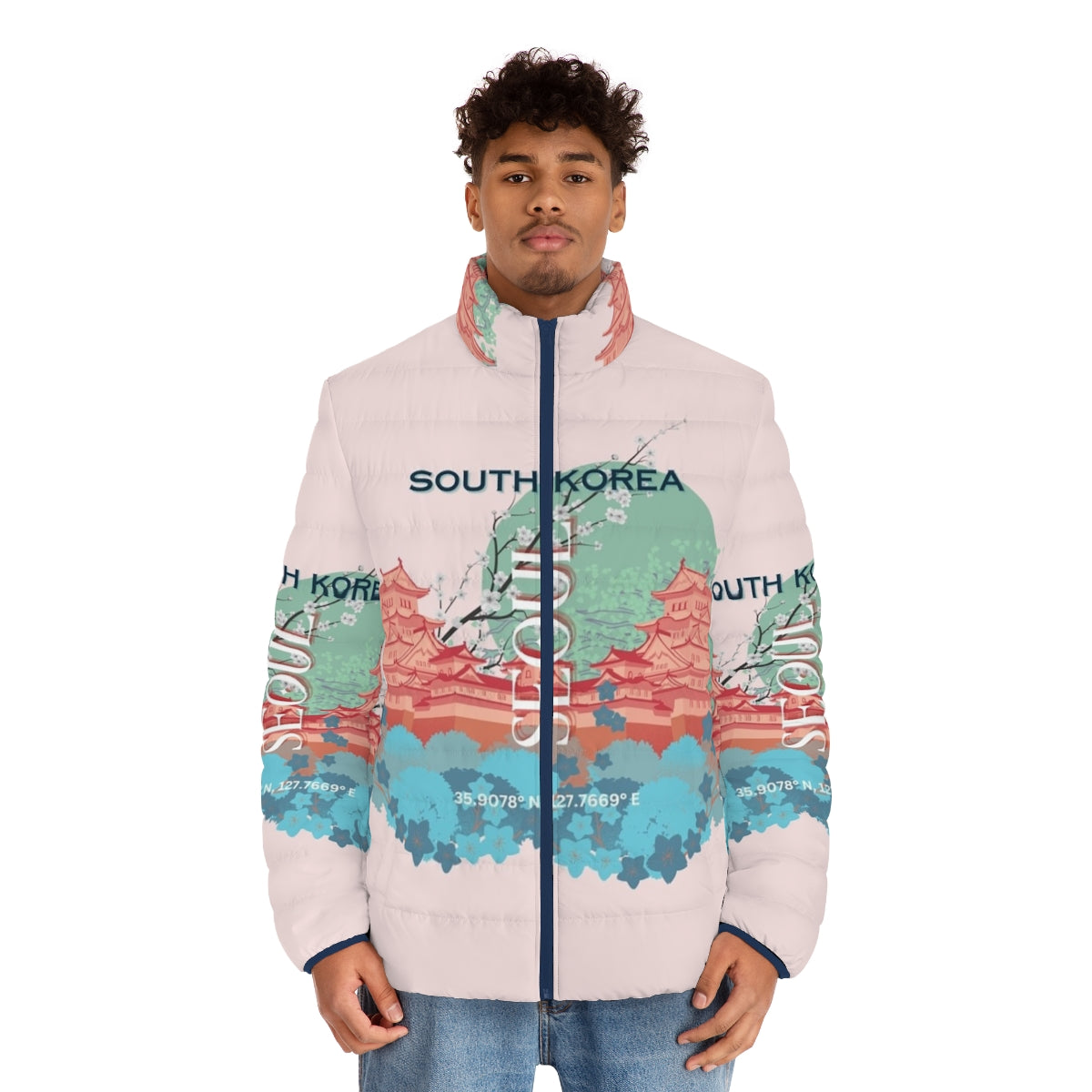 A stylish puffer jacket featuring a travel-inspired art design depicting the cityscape of Seoul, South Korea. - men front