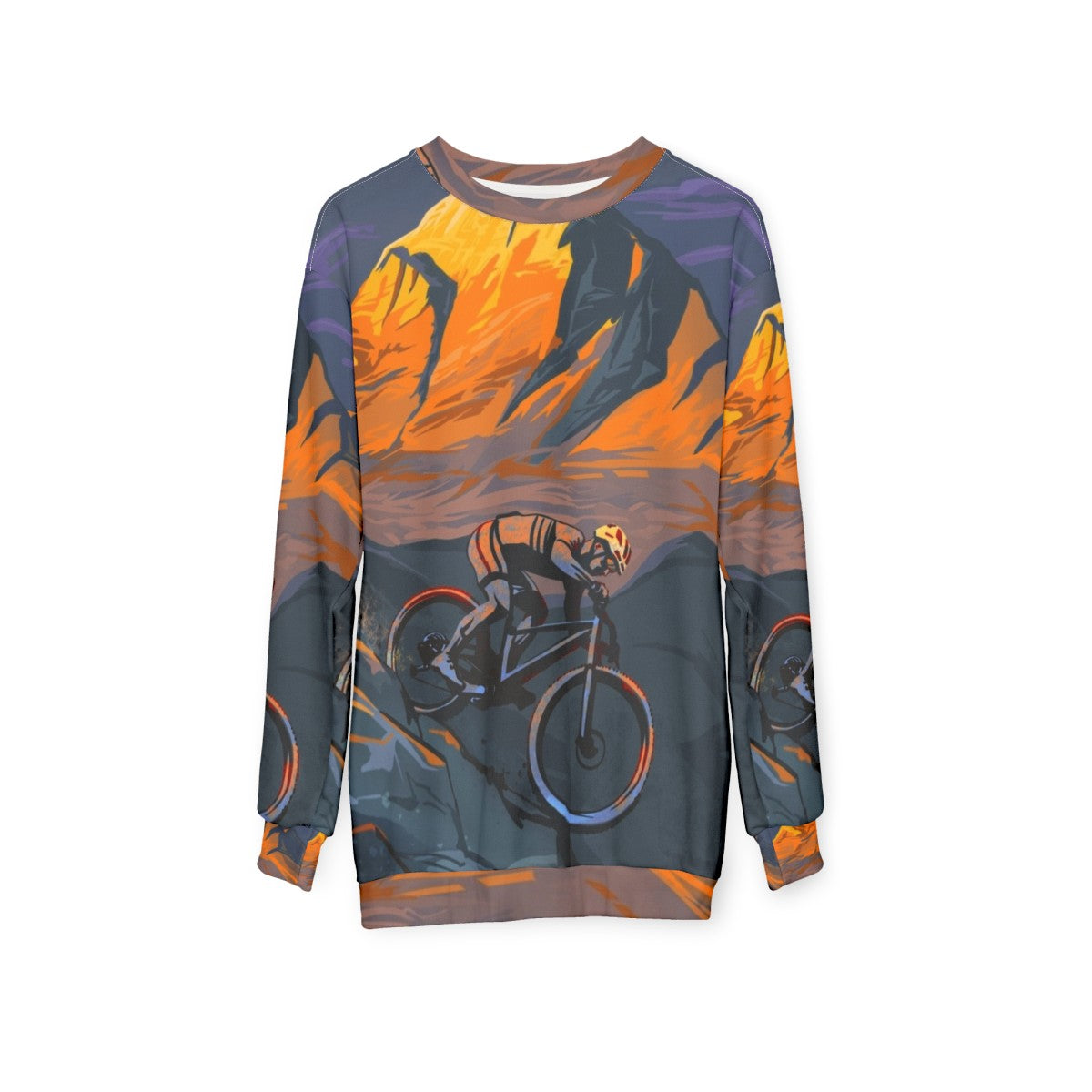 Sunset Peak Mountain Biker Sweatshirt with Cycling Art Design - hanging