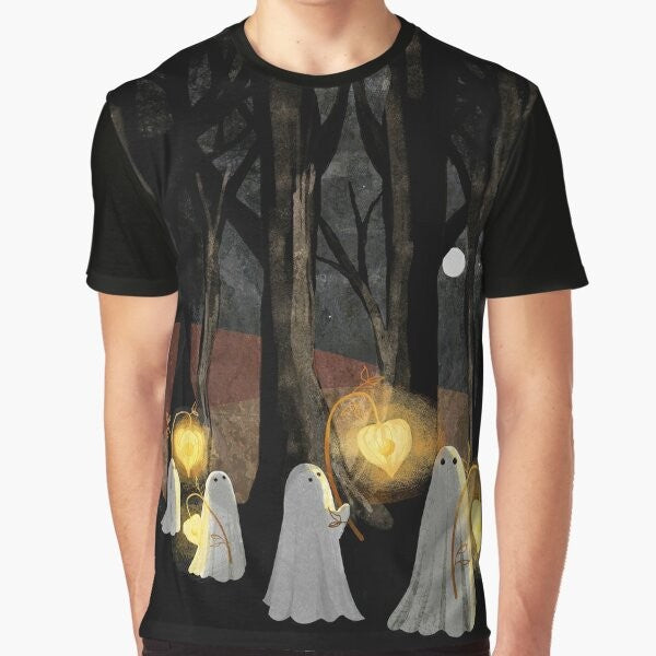 Spooky ghost parade graphic t-shirt with full moon, haunted forest, and glowing lanterns