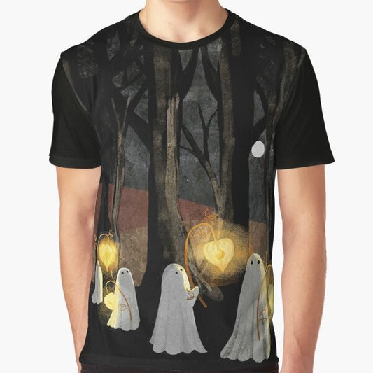 Spooky ghost parade graphic t-shirt with full moon, haunted forest, and glowing lanterns