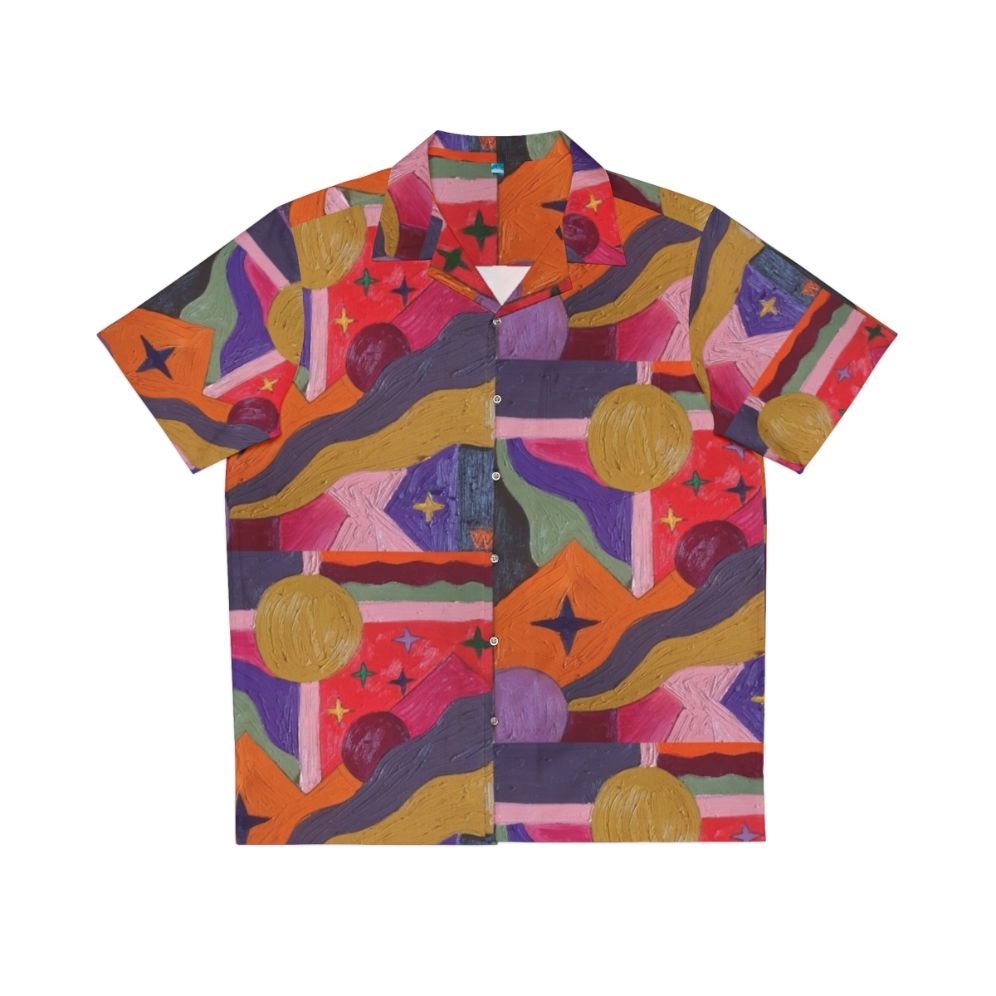 Vibrant abstract Hawaiian shirt with colorful geometric prints and sparkly accents