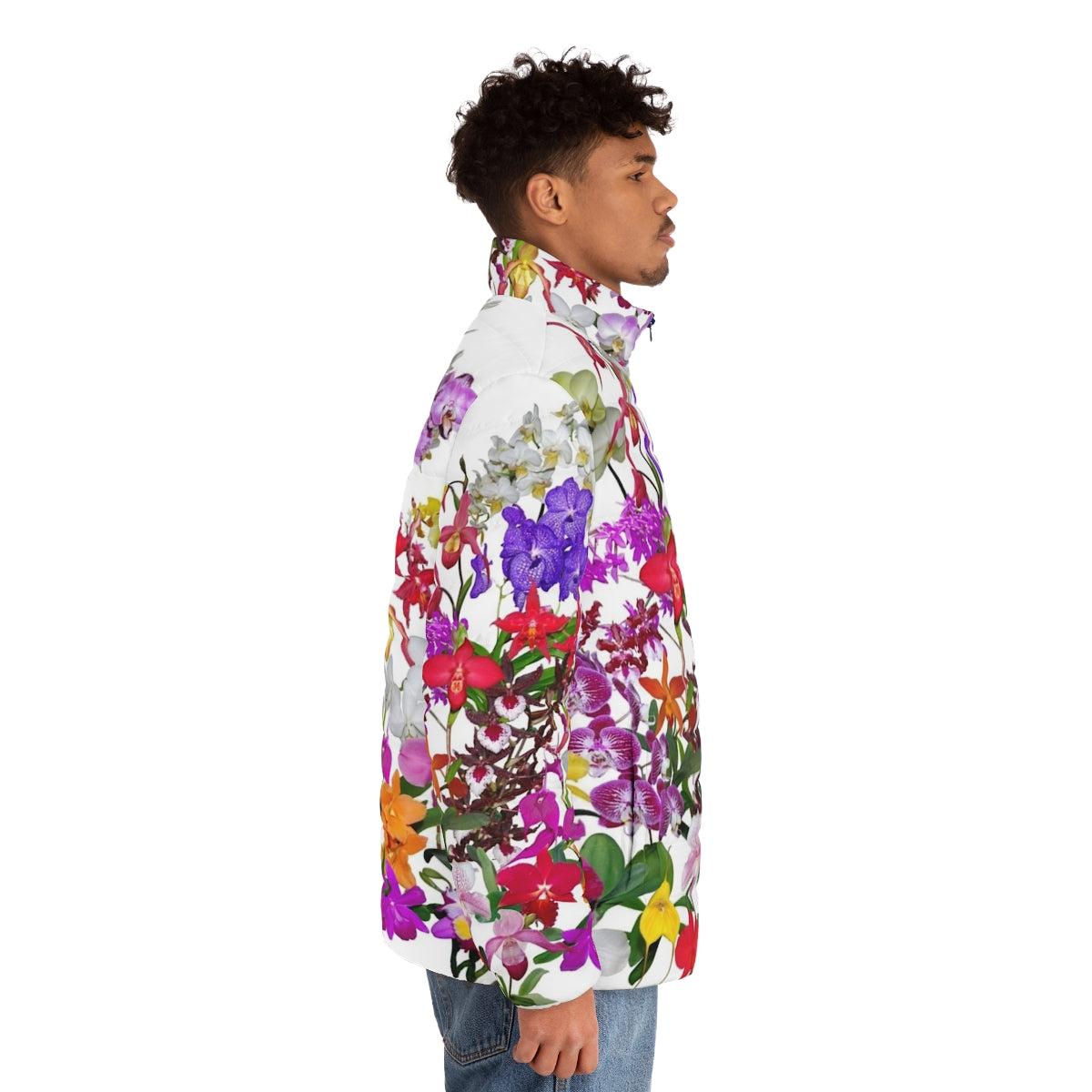 Orchid puffer jacket featuring vibrant orchid flowers in a digital photography design - men side right