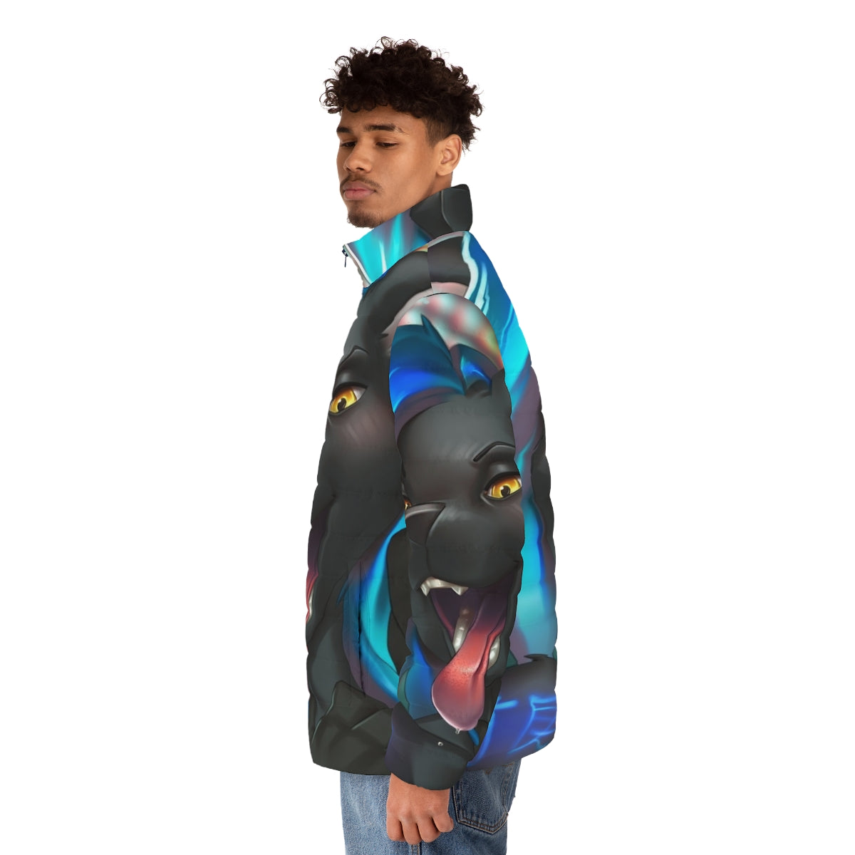 Ichigo Neko anime-inspired puffer jacket with a hooded design and a cute feline print - men side left