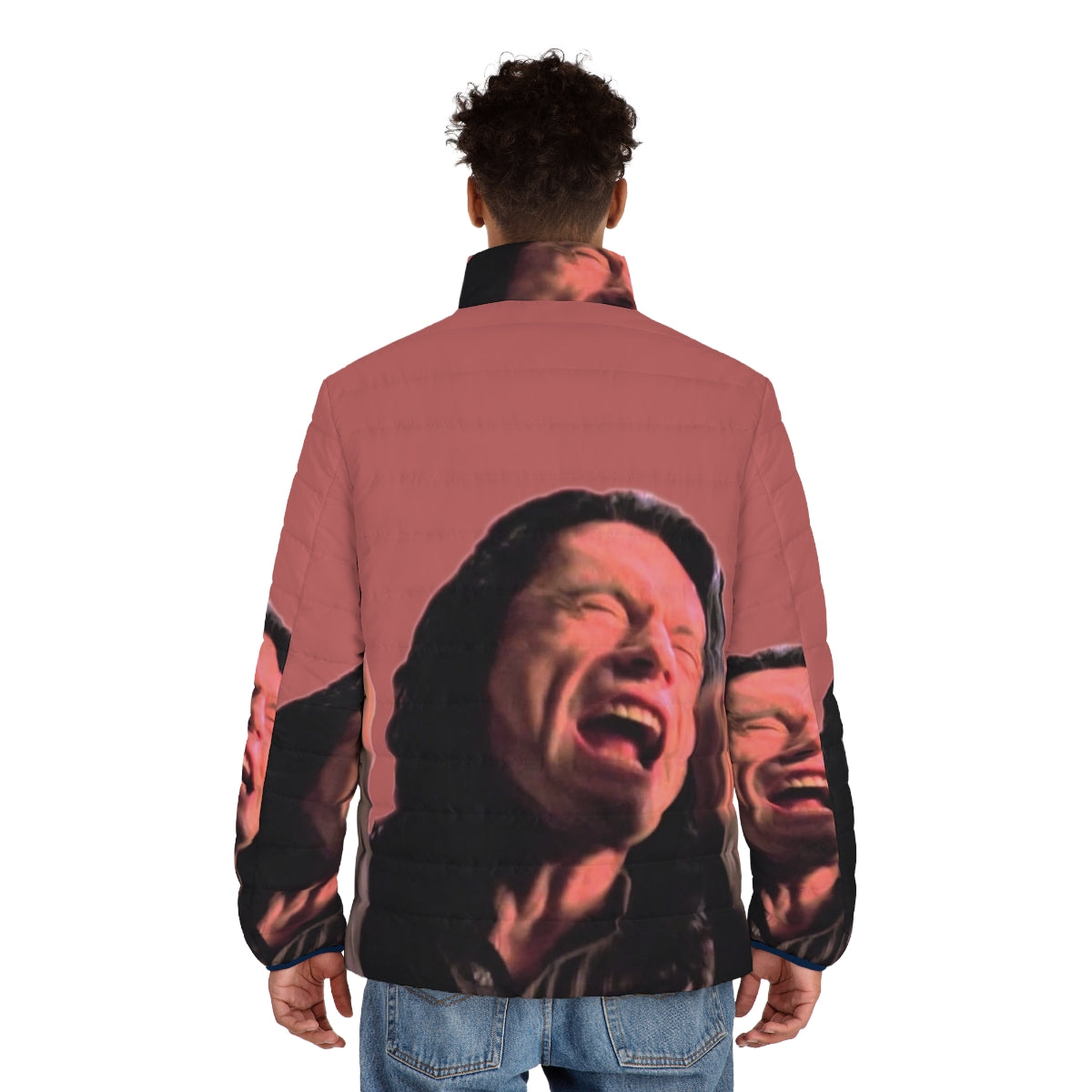 "The Room" inspired puffer jacket with "You're Tearing Me Apart, Lisa!" text - men back