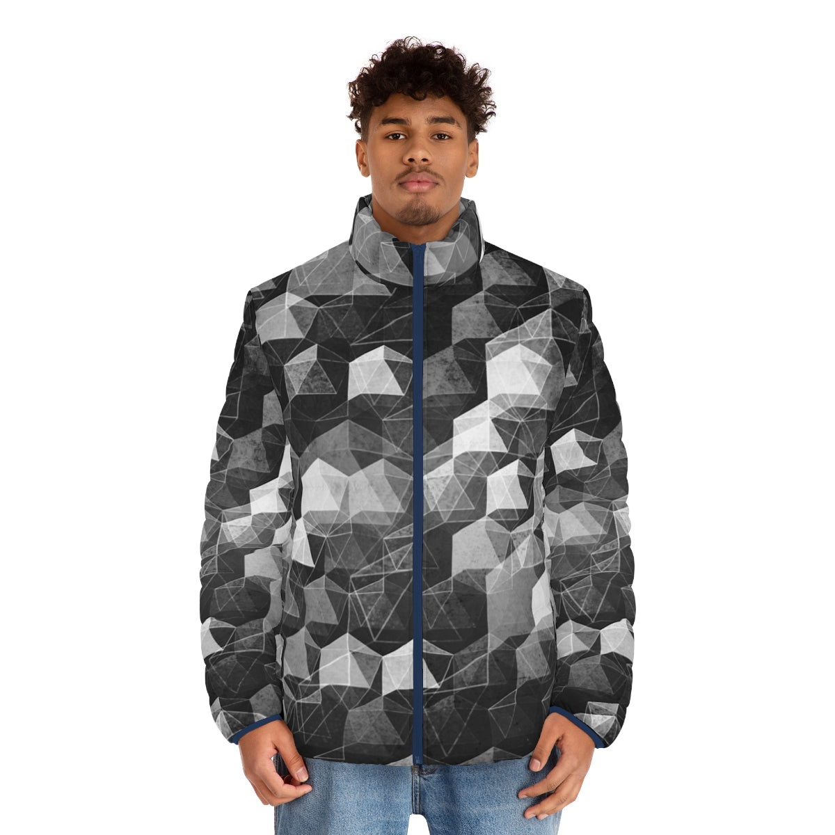 Monochrome geometric puffer jacket with an abstract pattern - men front