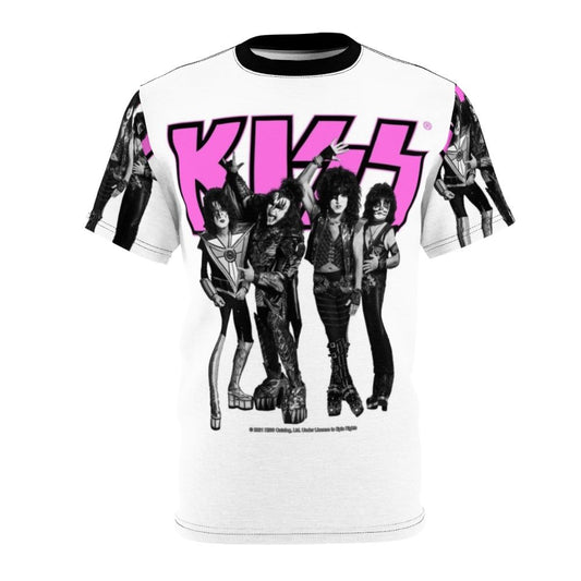 Vintage-style t-shirt design featuring the iconic Kiss band logo and members in black and white