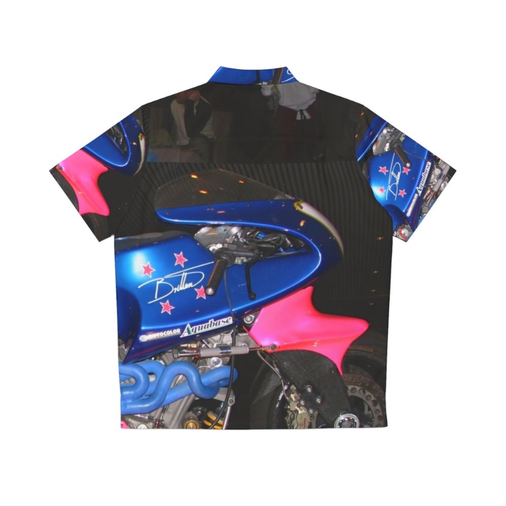 Britten Motorcycle Hawaiian Shirt featuring design of race bike from New Zealand - Back