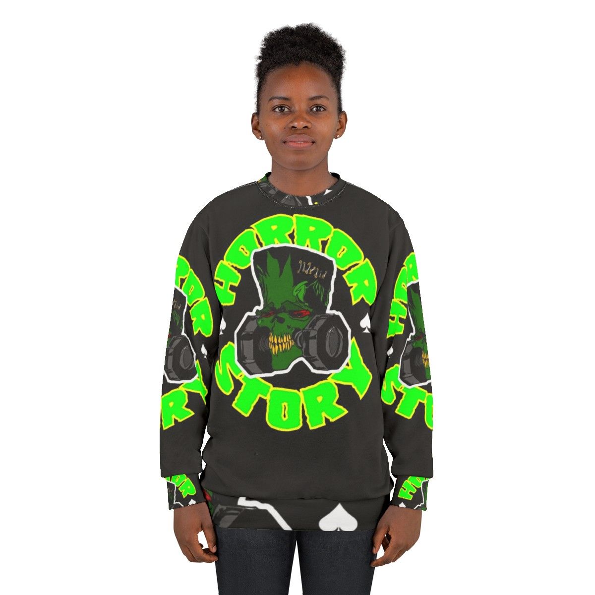 Chilling horror story sweatshirt with gothic and eerie design - women