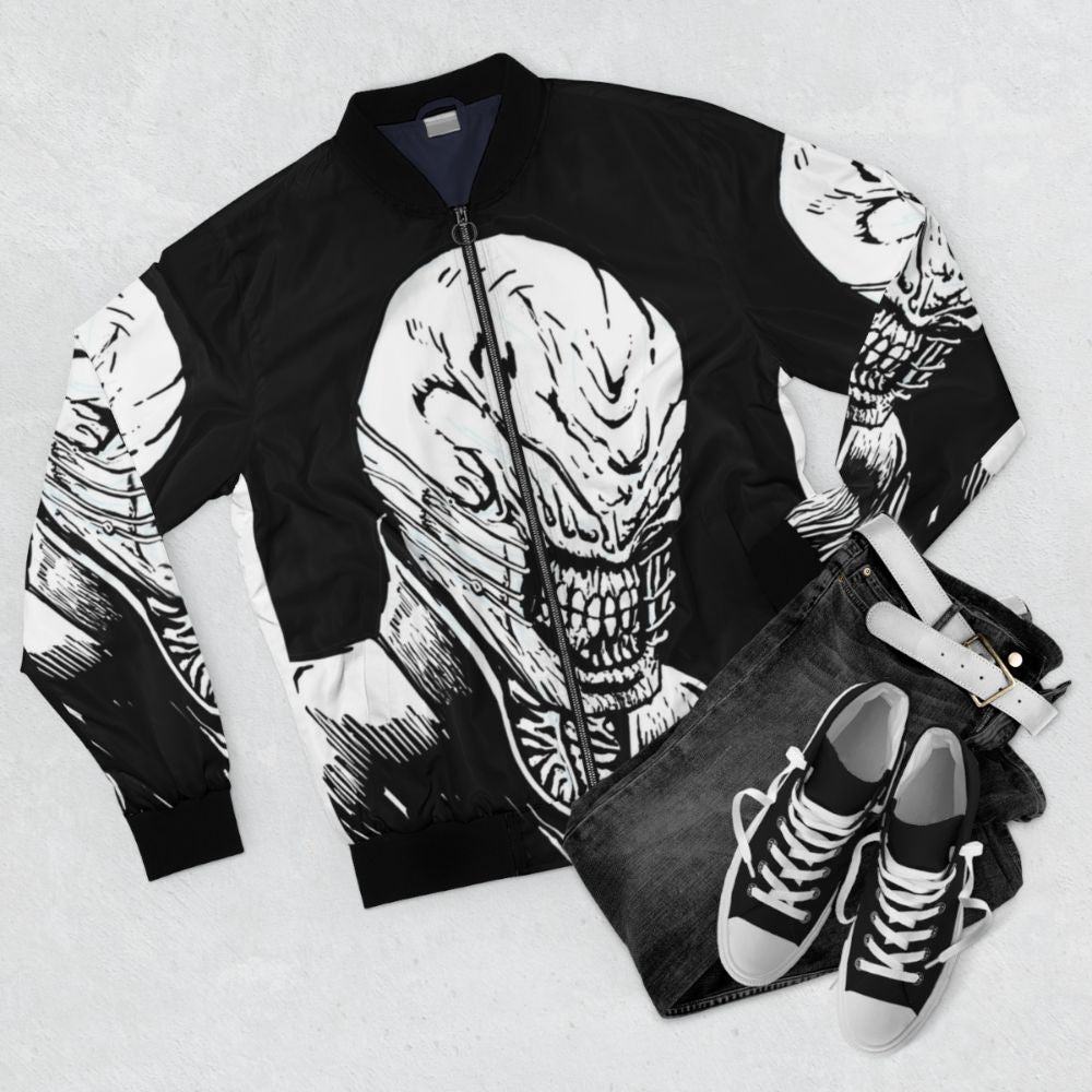 Hellraiser Chatterer Cenobite Bomber Jacket with horror movie character design - Flat lay