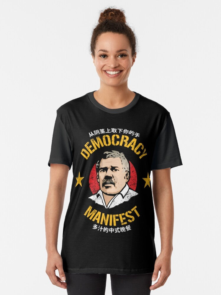 Democracy Manifest graphic t-shirt featuring a funny meme design with text and Chinese meal imagery - Women