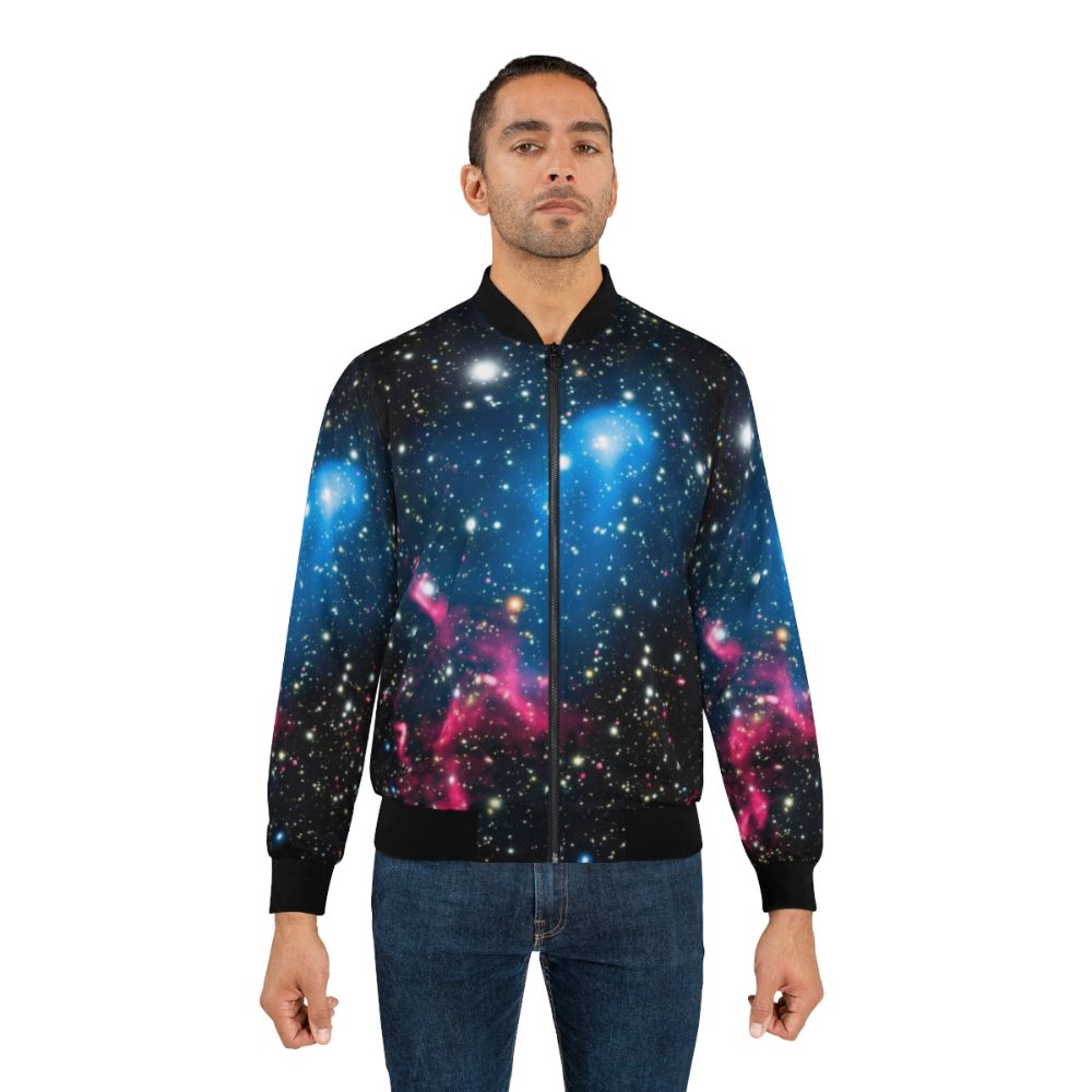 Bomber jacket with a print of galaxies colliding in space - Lifestyle