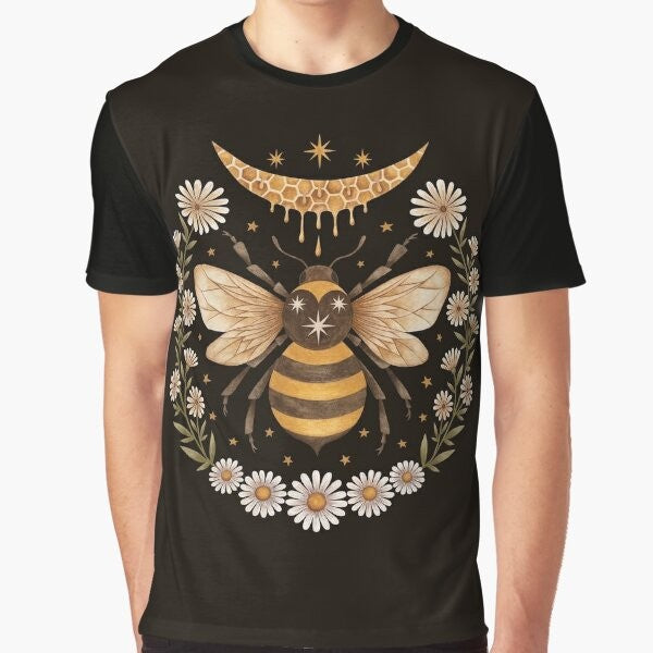 Honey Moon Graphic T-Shirt featuring a bee, honeycomb, and crescent moon design for beekeepers and nature lovers