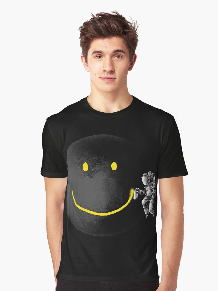 Surrealist t-shirt design featuring a smiling abstract face with an astronaut and the moon in a black and white sci-fi style - Men