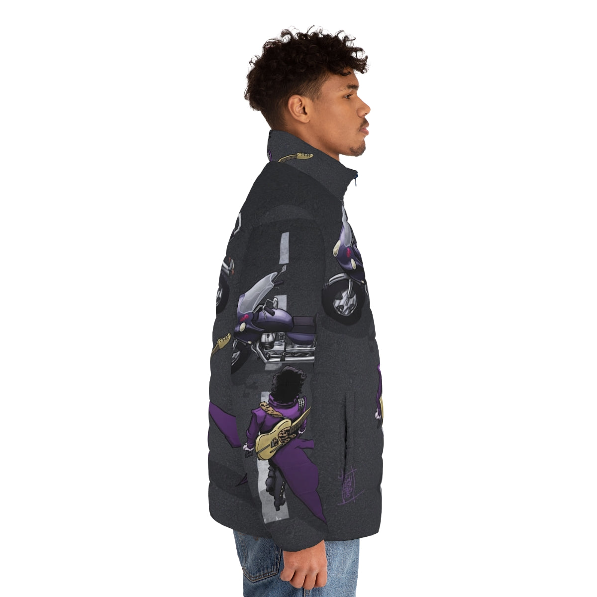 Anime-inspired purple puffer jacket with paisley print and musical instrument graphics - men side right