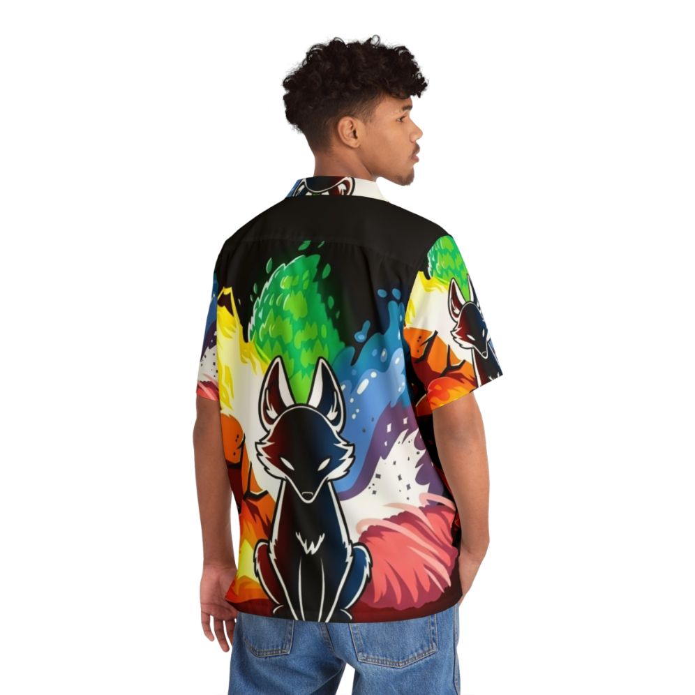 Colorful rainbow kitsune Hawaiian shirt featuring a mythical fox creature - People Back