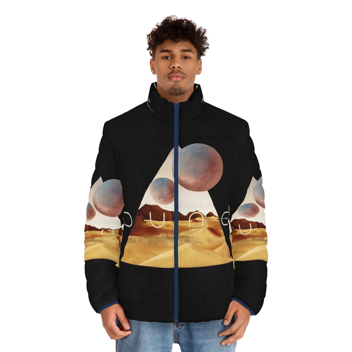 Dune-inspired puffer jacket featuring a sandworm design - men front