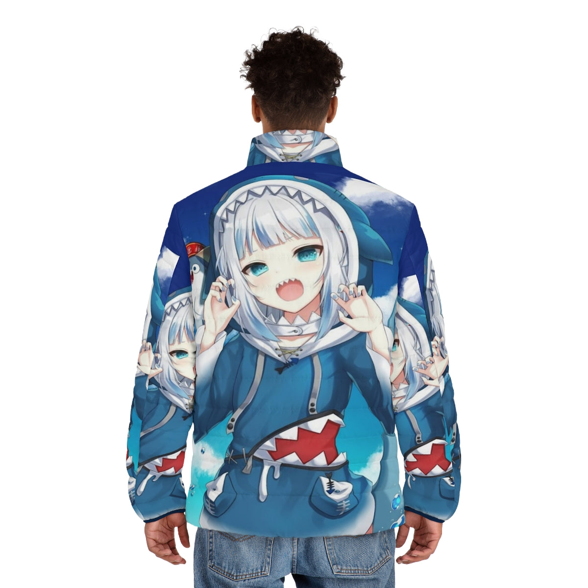 Gawr Gura Hololive anime-inspired puffer jacket with chibi character design - men back